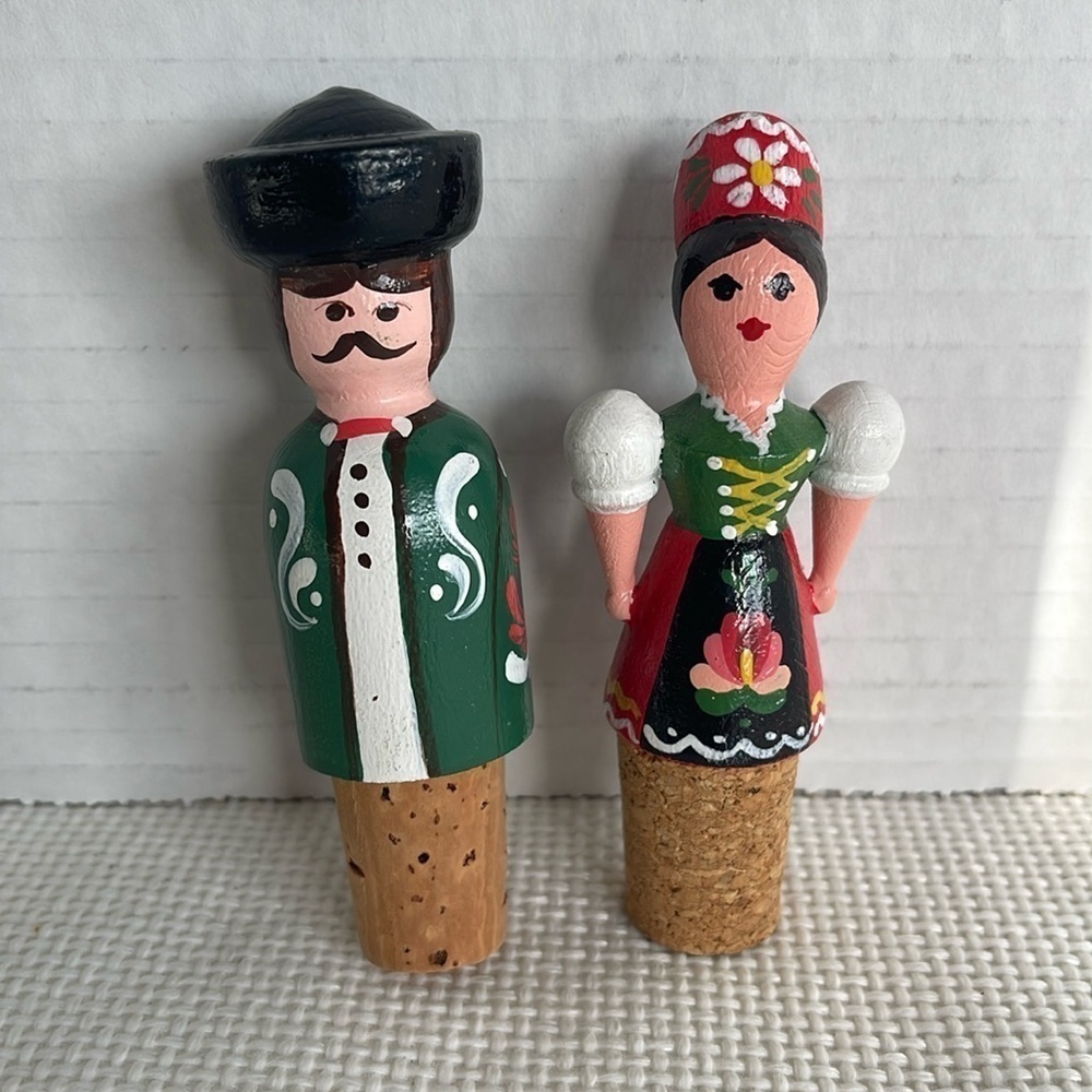 Vintage Hand Carved Wooden Wine Stopper Set of 2 Folk Art Hand Painted EUC